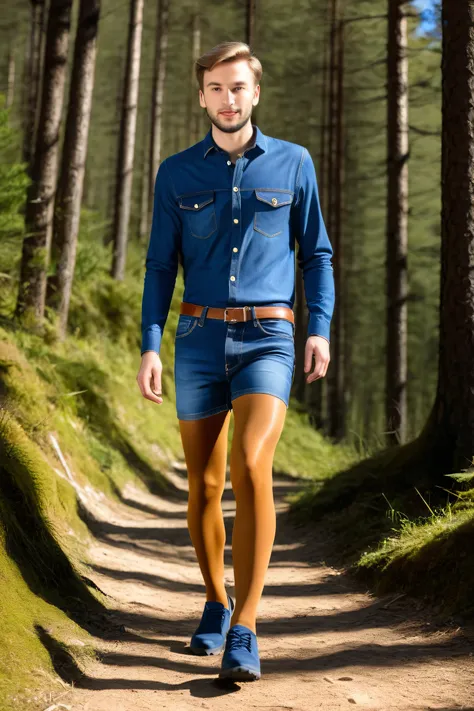a young Caucasian male guy with a male face, is wearing a denim mini skirt, beiges Outdoorshirt, medium brown amber shiny 40den pantyhose, short dark blue alpine shoes, the male face guy runs in his pantyhose alone in a forest in sunshine.
