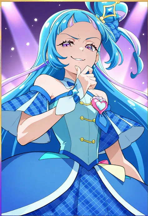 、  look down、from below、 BREAK、cure ink 、Cure Winx  、idol you and idol Pretty Cure blue hair、Magical Girl、 mini crown、PURPLE EYES, blue dress ,Angled hat,Very Long Hair,sober bang,Bareshoulder,Headband,,,nsfw,(Smirk:1.8),obscene,top quality,very detailed i...