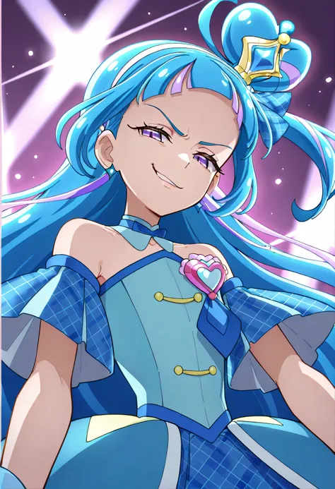 、  look down、from below、 BREAK、cure ink 、Cure Winx  、idol you and idol Pretty Cure blue hair、Magical Girl、 mini crown、PURPLE EYES, blue dress ,Angled hat,Very Long Hair,sober bang,Bareshoulder,Headband,,,nsfw,(Smirk:1.8),obscene,top quality,very detailed i...