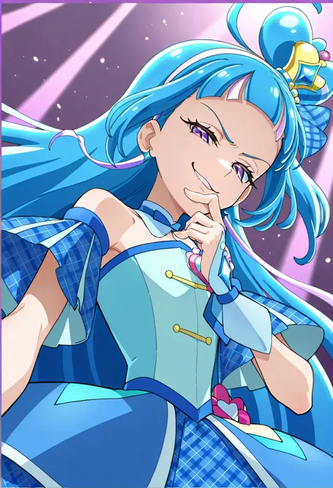 、  look down、from below、 BREAK、cure ink 、Cure Winx  、idol you and idol Pretty Cure blue hair、Magical Girl、 mini crown、PURPLE EYES, blue dress ,Angled hat,Very Long Hair,sober bang,Bareshoulder,Headband,,,nsfw,(Smirk:1.8),obscene,top quality,very detailed i...