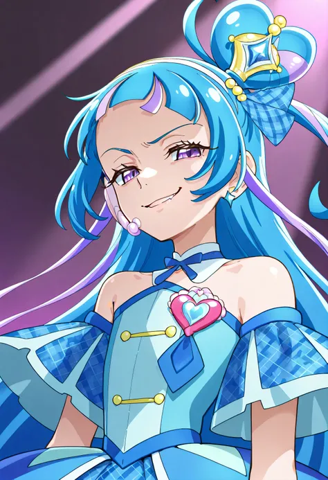 、  look down、from below、 BREAK、cure ink 、Cure Winx  、idol you and idol Pretty Cure blue hair、Magical Girl、 mini crown、PURPLE EYES, blue dress ,Angled hat,Very Long Hair,sober bang,Bareshoulder,Headband,,,nsfw,(Smirk:1.8),obscene,top quality,very detailed i...
