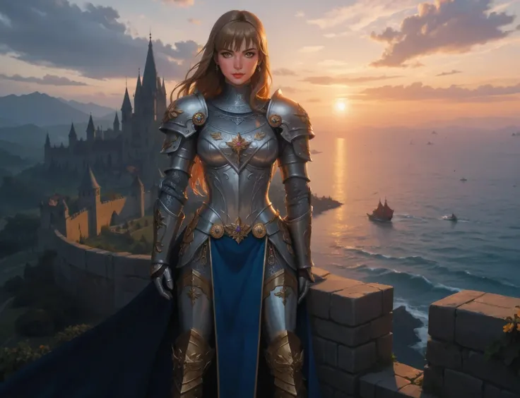 Chainmail on the neck. Chainmail gate. full length, visible in full, deep shadows, Noble and imposing, Aladina stands 1,90 m now faces forward, while maintaining her powerful aura and determined gaze. chainmail, Her firm and majestic gaze exudes wisdom and...