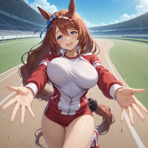 anime, lazypos, masterpiece, best quality, amazing quality, at racetrack, 1girl, solo, alone, super creek \(umamusume\), horse ears, horse girl, horse tail, long hair, brown hair, blue eyes, very long hair, hair between eyes, bangs, braided ponytail, trace...