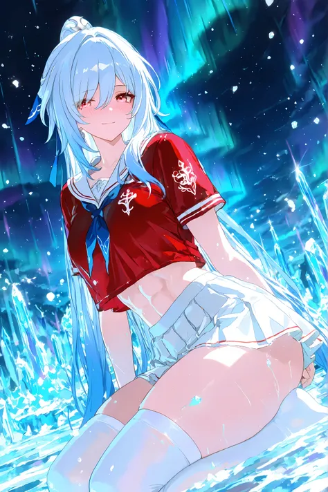 masterpiece, best quality, highres, anime style, 1girl, solo, (Jingliu from Honkai Star Rail), long light blue hair, silver hair, high ponytail, blue ribbon in hair, red eyes, blushing, smiling, wearing a sporty sailor outfit, red crop top, sailor collar, ...