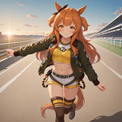 anime, lazypos, masterpiece, best quality, amazing quality, at racetrack, 1girl, solo, alone, mayano topgun \(umamusume\), horse ears, white short shorts, navel, horse tail, crop top, midriff, long sleeves, short shorts, two side up, dog tags, blush, open ...