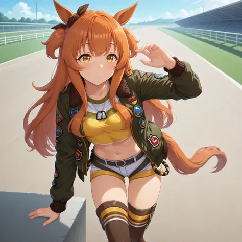 anime, lazypos, masterpiece, best quality, amazing quality, at racetrack, 1girl, solo, alone, mayano topgun \(umamusume\), horse ears, white short shorts, navel, horse tail, crop top, midriff, long sleeves, short shorts, two side up, dog tags, blush, open ...