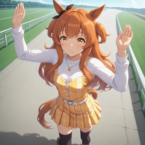 anime, lazypos, masterpiece, best quality, amazing quality, at racetrack, 1girl, solo, alone, mayano topgun \(umamusume\), horse ears, horse tail, long sleeves, two side up, ear ribbon, arms up, white long t-shirt, plaid yellow camisole, white belt, black ...