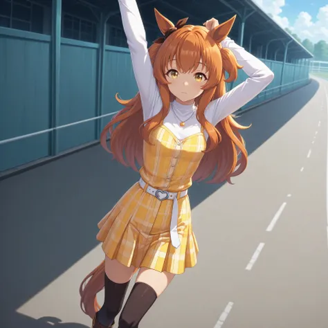 anime, lazypos, masterpiece, best quality, amazing quality, at racetrack, 1girl, solo, alone, mayano topgun \(umamusume\), horse ears, horse tail, long sleeves, two side up, ear ribbon, arms up, white long t-shirt, plaid yellow camisole, white belt, black ...