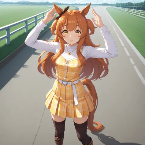 anime, lazypos, masterpiece, best quality, amazing quality, at racetrack, 1girl, solo, alone, mayano topgun \(umamusume\), horse ears, horse tail, long sleeves, two side up, ear ribbon, arms up, white long t-shirt, plaid yellow camisole, white belt, black ...