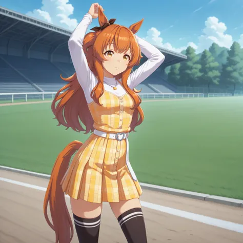 anime, lazypos, masterpiece, best quality, amazing quality, at racetrack, 1girl, solo, alone, mayano topgun \(umamusume\), horse ears, horse tail, long sleeves, two side up, ear ribbon, arms up, white long t-shirt, plaid yellow camisole, white belt, black ...