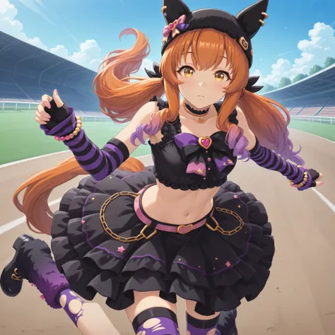 anime, lazypos, masterpiece, best quality, amazing quality, at racetrack, 1girl, solo, alone, mayano topgun \(umamusume\), horse ears, navel, fingerless black gloves, midriff, black hat, horse tail, low twintails, multicolored layered skirt, black crop top...