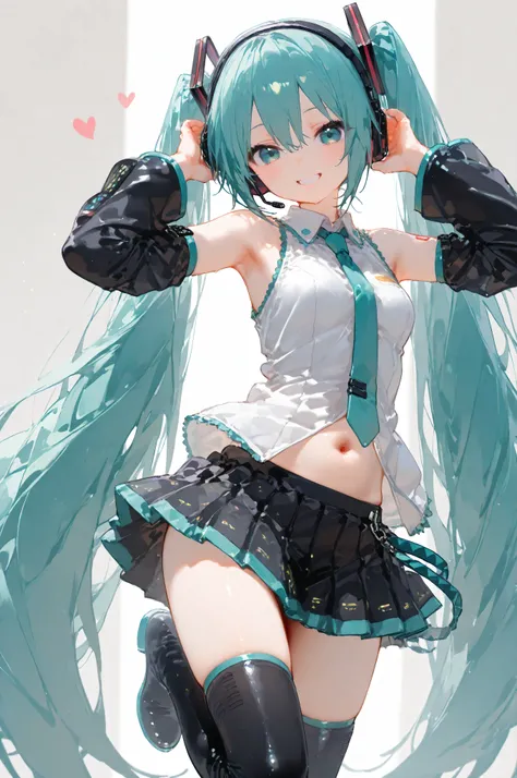 vocaloid , Hatsune Miku,Blue-green long twin tails, miniskirt, sleeveless, tie, headphones, black arm cover , black long boots, belly button out, cute, beautiful girl,smile、(((とても大きく素敵な乳房、ムチムチの太もも、大きなお尻)))、