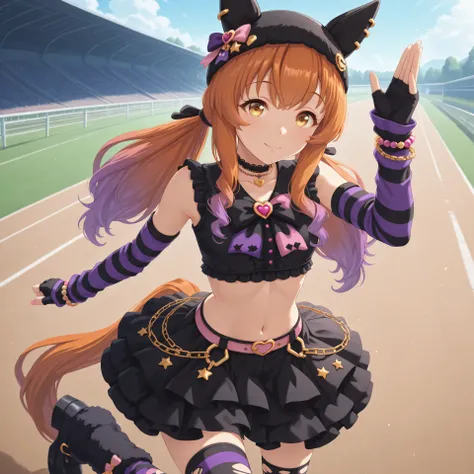 anime, lazypos, masterpiece, best quality, amazing quality, at racetrack, 1girl, solo, alone, mayano topgun \(umamusume\), horse ears, navel, fingerless black gloves, midriff, black hat, horse tail, low twintails, multicolored layered skirt, black crop top...