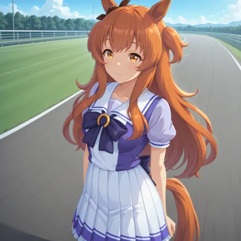 anime, lazypos, masterpiece, best quality, amazing quality, at racetrack, 1girl, solo, alone, mayano topgun \(umamusume\), horse ears, horse tail, Tracen school uniform short,