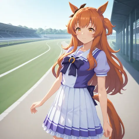 anime, lazypos, masterpiece, best quality, amazing quality, at racetrack, 1girl, solo, alone, mayano topgun \(umamusume\), horse ears, horse tail, Tracen school uniform short,