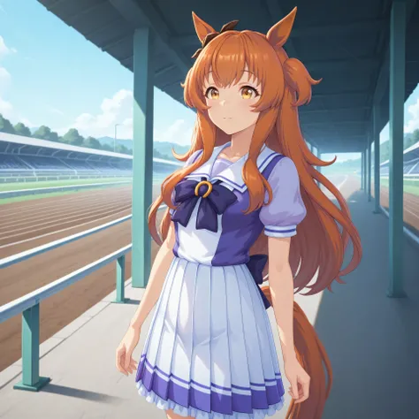 anime, lazypos, masterpiece, best quality, amazing quality, at racetrack, 1girl, solo, alone, mayano topgun \(umamusume\), horse ears, horse tail, Tracen school uniform short,