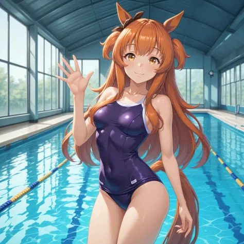 anime, lazypos, masterpiece, best quality, amazing quality, at indoor pool, waving at viewer, 1girl, solo, alone, mayano topgun \(umamusume\), horse ears, horse tail, Tracen school swimsuit