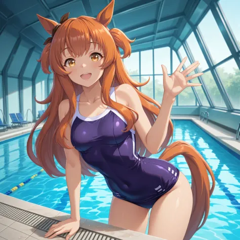 anime, lazypos, masterpiece, best quality, amazing quality, at indoor pool, waving at viewer, 1girl, solo, alone, mayano topgun \(umamusume\), horse ears, horse tail, Tracen school swimsuit