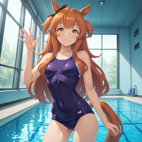 anime, lazypos, masterpiece, best quality, amazing quality, at indoor pool, waving at viewer, 1girl, solo, alone, mayano topgun \(umamusume\), horse ears, horse tail, Tracen school swimsuit