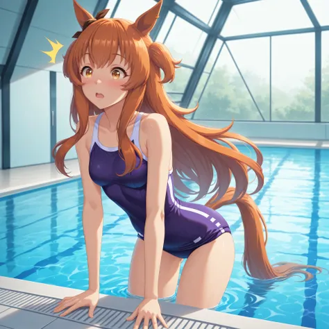 anime, lazypos, masterpiece, best quality, amazing quality, at indoor pool, 1girl, solo, alone, mayano topgun \(umamusume\), horse ears, horse tail, Tracen school swimsuit, hands in air, mid-jump, in air, surprised, blushing,