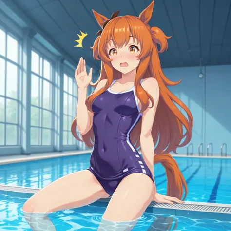 anime, lazypos, masterpiece, best quality, amazing quality, at indoor pool, 1girl, solo, alone, mayano topgun \(umamusume\), horse ears, horse tail, Tracen school swimsuit, hands in air, mid-jump, in air, surprised, blushing,