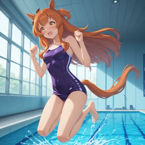 anime, lazypos, masterpiece, best quality, amazing quality, at indoor pool, 1girl, solo, alone, mayano topgun \(umamusume\), horse ears, horse tail, Tracen school swimsuit, hands in air, jumping, in air, surprised, blushing,