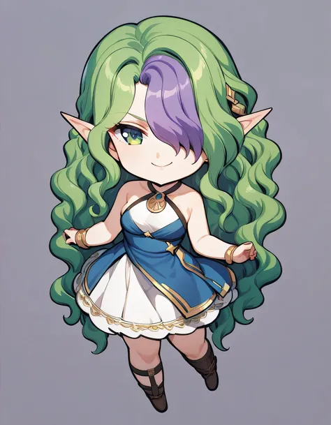 ((((chibi)))),1girl, solo, smile, pointed ears, green eyes,green hair, purple hair, long hair, hair covering one eye, wavy hair,(bare top dress), Disconnect,  top quality,white background,