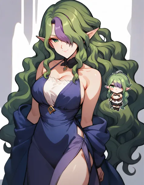 ((((chibi)))),1girl, solo, smile, pointed ears, green eyes,green hair, purple hair, long hair, hair covering one eye, wavy hair,(bare top dress), Disconnect,  top quality,white background,