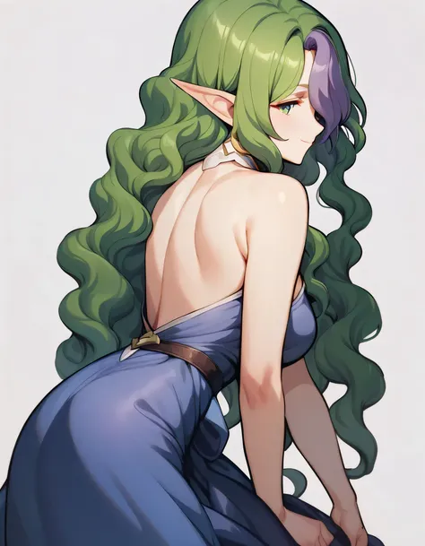 (((chibi))),frontview,profile,1girl, solo, smile, pointed ears, green eyes,green hair, purple hair, long hair, hair covering one eye, wavy hair,(bare top dress), Disconnect,  top quality, uncensored,white background,