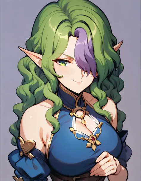(((chibi))),front view,1girl, solo, smile, pointed ears, green eyes,green hair, purple hair, long hair, hair covering one eye, wavy hair,(bare top dress), Disconnect,  top quality, uncensored,white background,