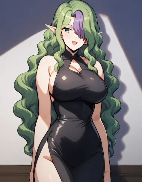 front view,1girl, solo,  beautiful breasts, smile, open mouth,facing the front,suffering, pointed ears, green eyes, other rooms,  green hair, purple hair, long hair, hair covering one eye, wavy hair,(bare top dress), Disconnect,  score_9, score_8_up, score...