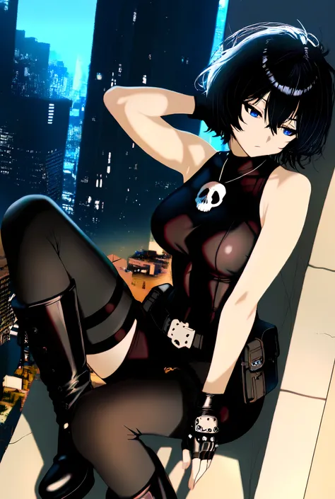 Anime Adult Female, Sunkissed Skin, Shoulder Length Messy Layered Black hair, Bored Glaucous Blue Eyes, Black Sleeveless Short Legged Bodysuit with Black Knee High Four Inch Platform Boots and Fingerless Gloves, Black Leg Garter with a Skull Pendant in the...