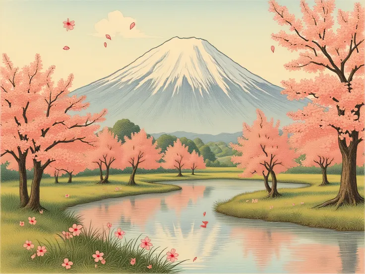 Japanese Scenery painting style Mt. Fuji river cherry blossoms