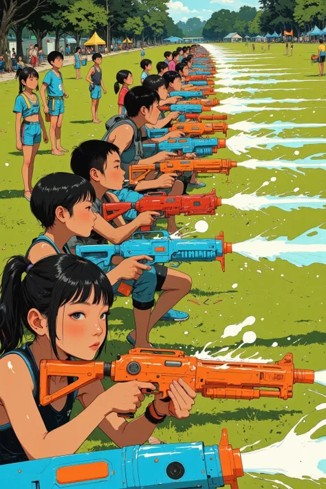 anime style, wide-angle shot, a line of elementary school children in colorful sporty swimsuits standing shoulder to shoulder in a horizontal formation like a Civil War infantry line, all aiming brightly colored water guns forward in unison, mid-action as ...