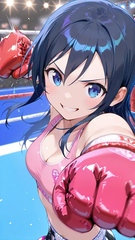 ayase aragaki, long hair, blue eyes, black hair, solo, pink and white sports bra, pink and white low leg cut spats, pink fingerless gloves, cleavage, medium breast, serious grin, looking at viewer, Detailed eyes, Detailed face, (boxing with viewer:1.3), (d...