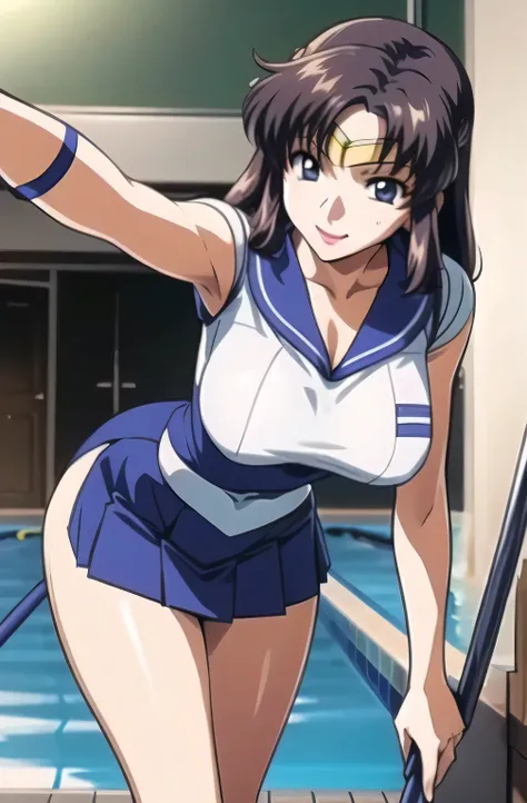 I'm at the pool facility，Can you draw a woman playing in the pool，nice smile ，a picture of a woman in a blue micro skirt posing in a sailor moon costume，big boobs, thin waist ，the face is a top priority, don't trim her face，，I need my whole body，，（（（teache...