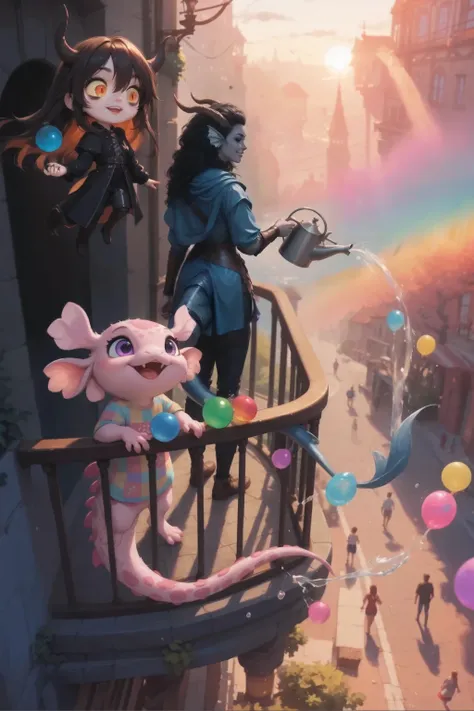 The angle from above Kedra. Two characters are standing side by side on the second-floor balcony: Standing on the balcony railing, he throws bright round water slides into the street at passers-by below {x} Ra with dark blue-gray leather and a cute salaman...