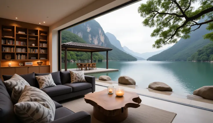 The model is wearing glass sunglassThis is a beautifully composed image depicting a luxurious indoor living space that opens directly onto a breathtaking natural landscape.

Foreground:
The view is from what appears to be a cozy and sophisticated room or c...