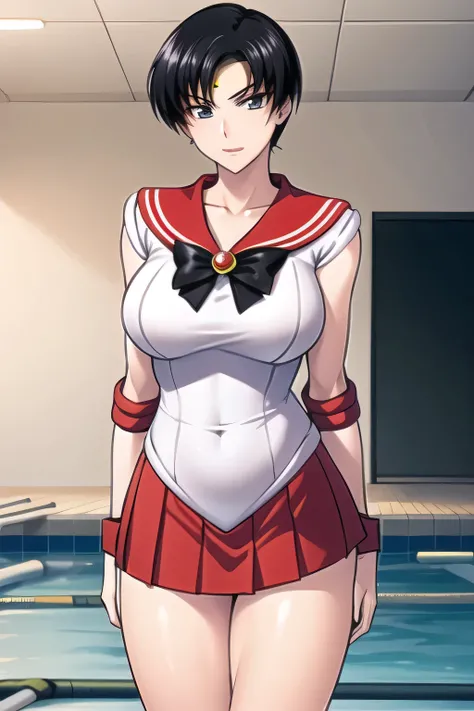 black hair，sailor moon costume posing，Thigh to Head，Black pleated micro mini skirt around the neck，black boots，beautiful legs，big boobs，big boobsでもウエストが細い，Please accurately draw the details of human hands and legs，Don't trim your face because facial expres...
