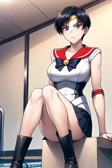 black hair，sailor moon costume posing，Thigh to Head，Black pleated micro mini skirt around the neck，black boots，beautiful legs，big boobs，big boobsでもウエストが細い，Please accurately draw the details of human hands and legs，Don't trim your face because facial expres...