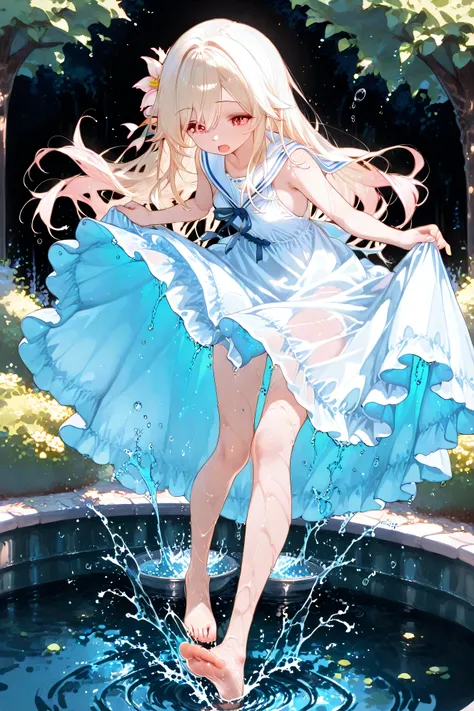 top quality、high res、High Definition、masterpiece、detailed background、Water place in the park where the spring sun shines down、Girls in white sailor dresses playing innocently while splashing water、A dress with clear laughter and wind、Ripples spreading unde...