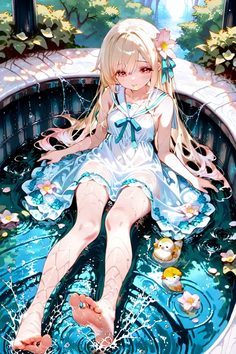 top quality、high res、High Definition、masterpiece、detailed background、Water place in the park where the spring sun shines down、Girls in white sailor dresses playing innocently while splashing water、A dress with clear laughter and wind、Ripples spreading unde...