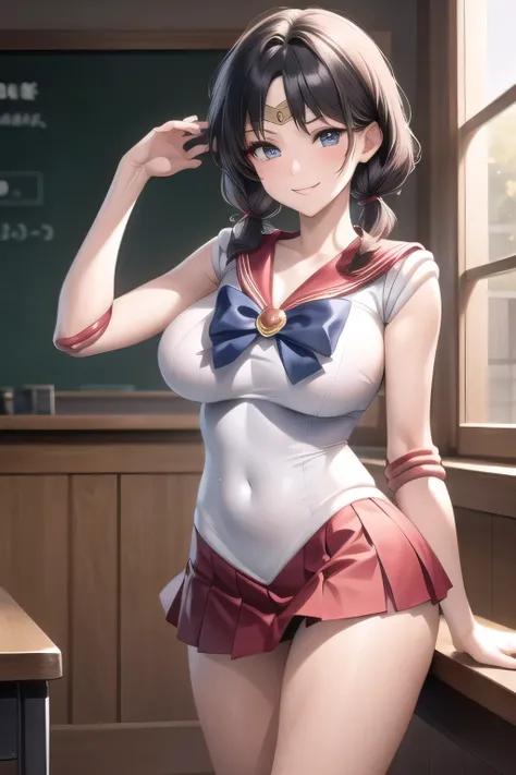 Woman with pink twin tail hair，nice smile，，smile，can you draw the details of a woman in a sailor moon costume，Beautiful legs，Big Breasts，Big Breastsでもウエストが細い，accurate representation of human hand and leg details，don't trim your face as facial expression is...