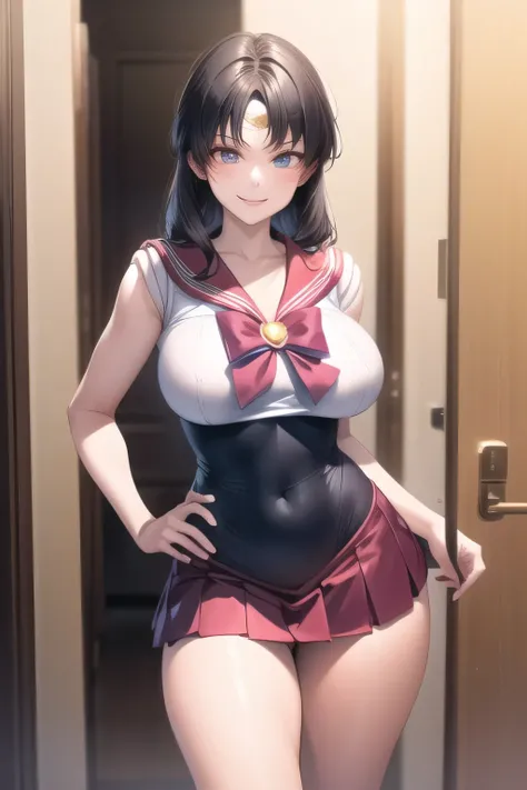 Woman with pink twin tail hair，nice smile，，smile，can you draw the details of a woman in a sailor moon costume，Beautiful legs，Big Breasts，Big Breastsでもウエストが細い，accurate representation of human hand and leg details，don't trim your face as facial expression is...