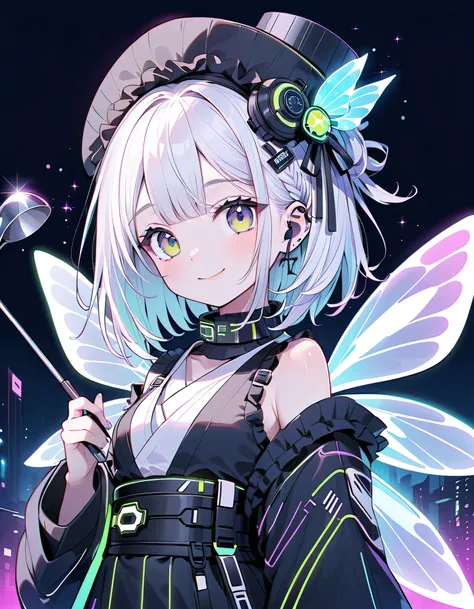  front facing the viewer、 cute young girls , best details, cute face,cute smile、 Beautiful appearance, ((Shiny milky white hair,unique and cute hairstyle)) 、beautiful attention to detail,(((Cyberpunk and kimono fusion)))、((neonカラーパレット)), ((neonカラースターチョーカー)...