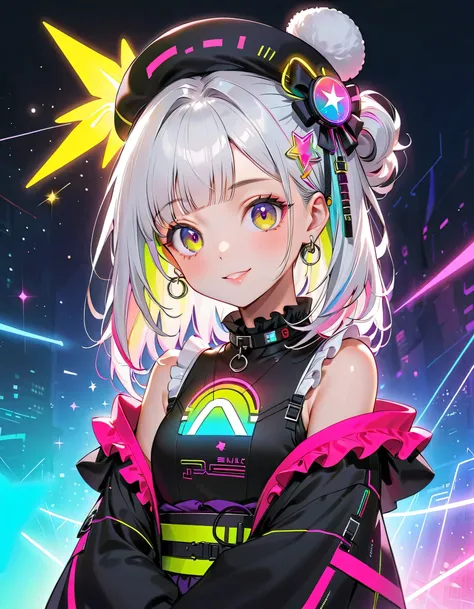  cute young girls , best details, cute face,cute smile、 Beautiful appearance, ((Shiny milky white hair,unique and cute hairstyle)) 、beautiful attention to detail,(((Cyberpunk and kimono fusion)))、((neonカラーパレット)), ((neonカラースターチョーカー)), ((Ruffles on the colla...