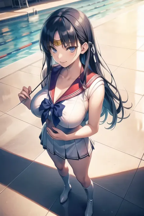 can you draw details of a woman in a sailor moon costume，， Woman with Long Black Hair，，white sleeveless，blue pleated micro mini skirt，blue boots，Beautiful legs，Big Breasts，Big Breastsでもウエストが細い，women with nice smiles，standing in the teacher's house，，can you...