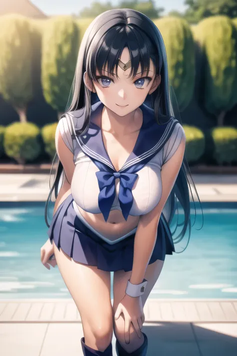 can you draw details of a woman in a sailor moon costume，， Woman with Long Black Hair，，white sleeveless，blue pleated micro mini skirt，blue boots，Beautiful legs，Big Breasts，Big Breastsでもウエストが細い，women with nice smiles，standing in the teacher's house，，can you...