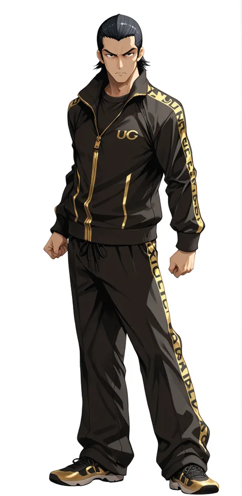 Basic background, fixed face, high quality image, source_game, Kurohyou, asian male, Ukyo Tatsuya, slick back hair, dresscamp tracksuit, trackpants, gold and black colored clothing, serious expression, posing