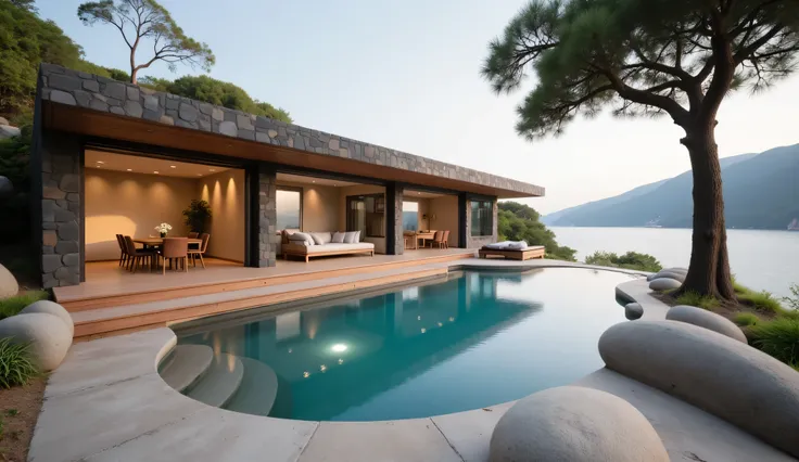 This image showcases a stunning modern villa seamlessly integrated into a breathtaking natural landscape, embodying the concept of luxurious indoor-outdoor living.

The Villa:
The central focus is a contemporary, single-story building characterized by its ...